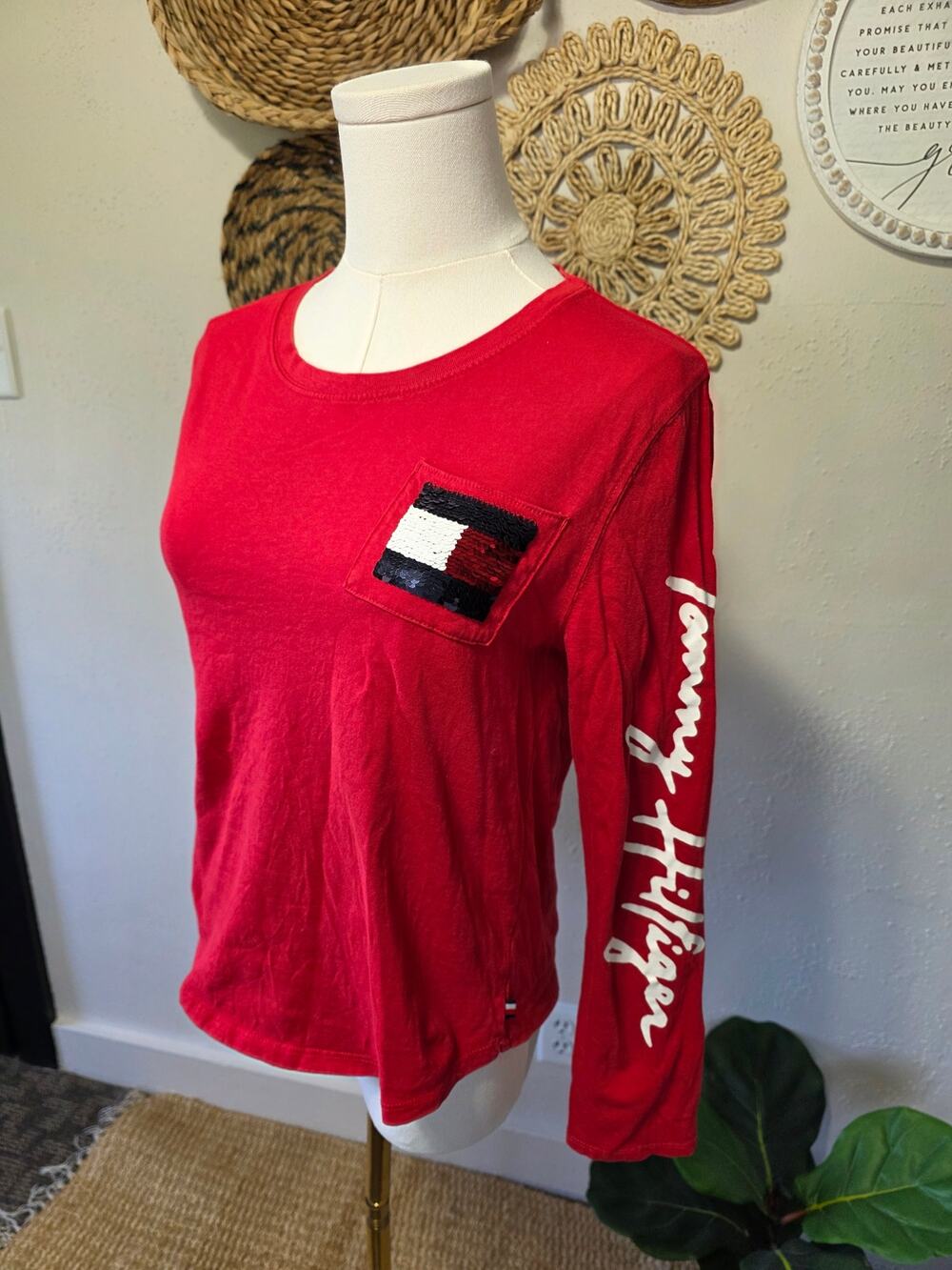 Vtg 90s Tommy Hilfiger Spellout Down Arm Sequin Flag Juniors XL/16 Tee Patriotic
